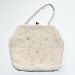 Vintage 60s 50s Cream Glass Beaded Evening Clutch Carson Pirie Scott Purse Bag